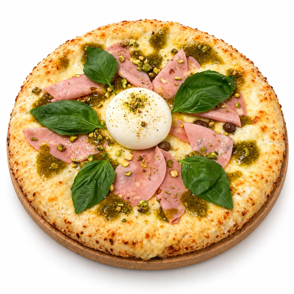 Pizza du mois — La Pistacchiosa, burrata, mortadelle et pistache
